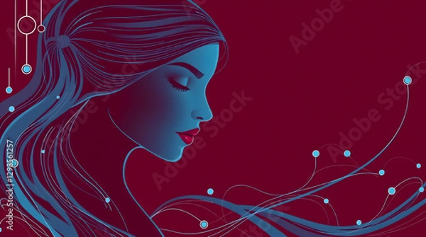 Fototapeta Serene Connection: A Stylized Portrait of a Woman with Flowing Blue Hair and Glowing Abstract Elements