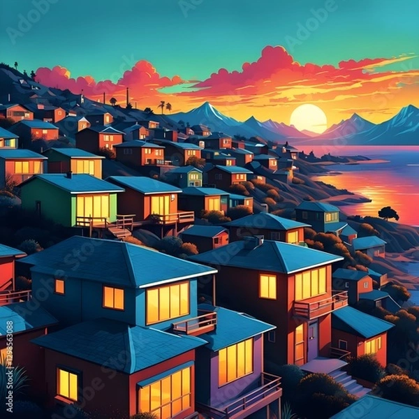 Fototapeta Digital matte painting with houses at sunset in pop art style.