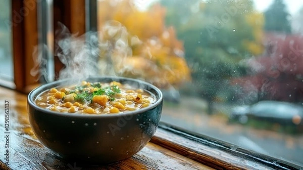 Obraz Steaming soup, autumn window, rain, cozy