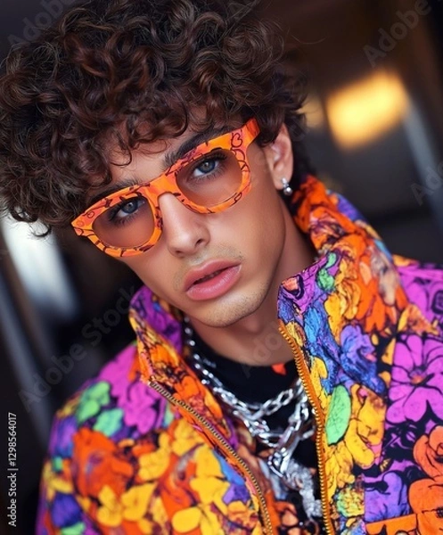 Fototapeta Fashion photograph of a young man model wearing extravagant glasses and colorful flower print jacket and metal necklets. It's an editorial photograph that feels like something from a fashion magazine