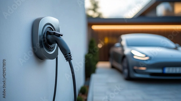 Fototapeta Electric vehicle charging station installed at a modern home in the evening with a parked car ready for charging. Generative AI
