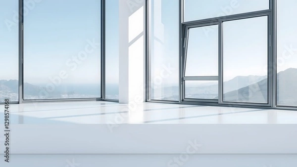 Fototapeta A modern interior space featuring large glass windows that offer a panoramic view, filled with natural light and designed for tranquility and elegance.   