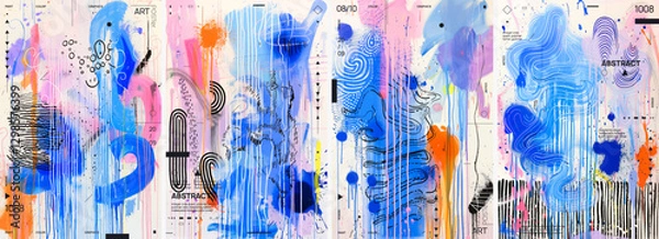 Fototapeta Abstract design concept. Vector illustrations. Blue, orange, black and pink colors. Posters with various brush strokes and textures to create an artistic background for design projects.