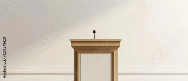 Fototapeta A wooden podium with a microphone sits against a white wall, ready for speeches or presentations in a simple, elegant environment
