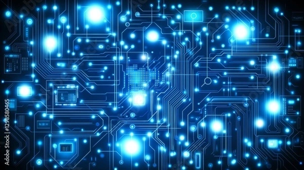 Fototapeta Glowing Blue Circuit Board Abstract Technology Background with Interconnected Nodes and Data Flow