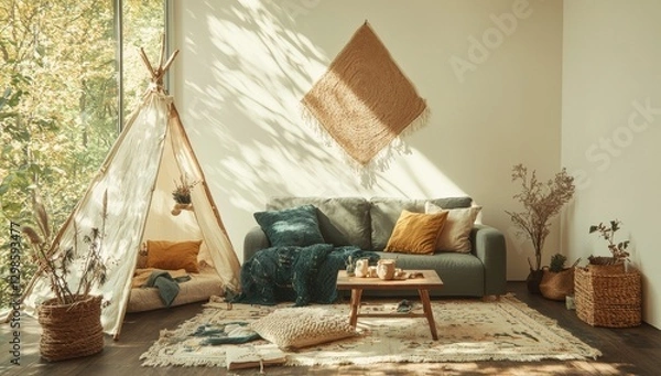 Obraz The living room interior features a stylish bohemian composition with a gray sofa and wooden coffee table