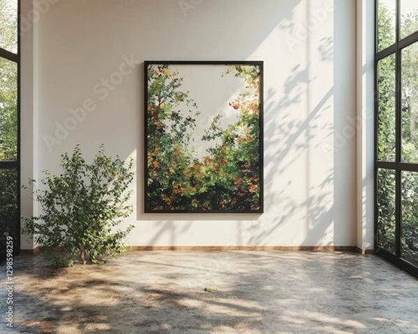 Fototapeta In a modern architecture firm, a single large blank poster is encased in a professional black frame and showcased on a sleek white wall, providing a clean and elegant backdrop for architectural