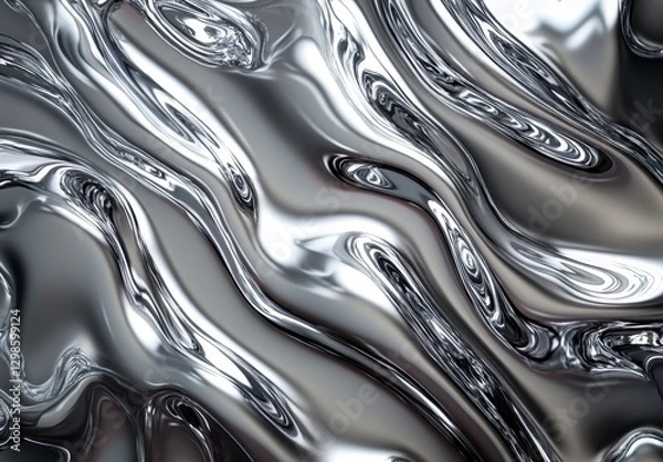 Fototapeta Abstract Silver Metallic Surface with Fluid Flowing Patterns
