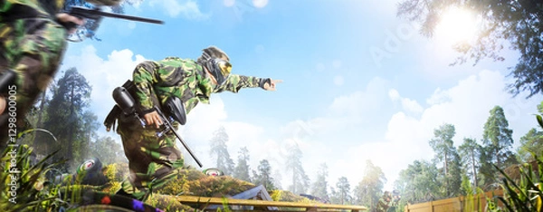 Obraz Professional paintball player in action outdoor