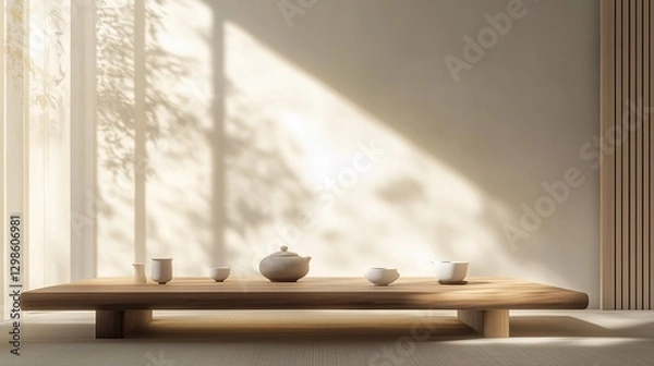 Fototapeta Hyperrealistic photograph of a serene Chinese minimalist tea room with a low wooden table, a traditional Yixing teapot, and delicate porcelain cups arranged in perfect harmony.