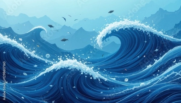 Fototapeta Close-up dreamy ocean with wave generators and tiny fish
