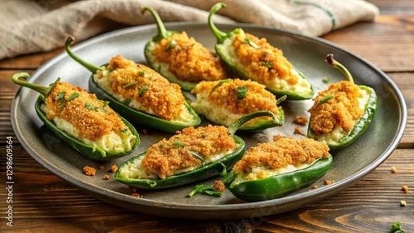 Fototapeta Golden Crispy Baked Jalapeno Poppers on a Serving Plate