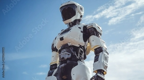 Fototapeta A humanoid robot with an athletic build, resembling a sports trainer, on a sky-blue background