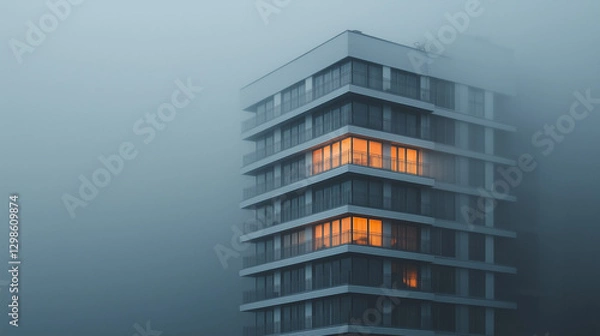 Fototapeta Ultrarealistic multi-storey white building emerging from dark fog, perfect for atmospheric and architectural photography