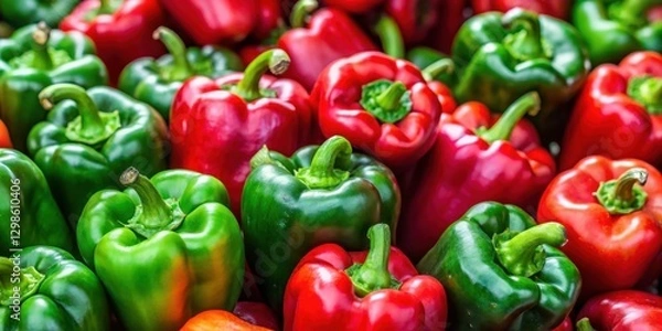 Fototapeta Fresh red and green peppers close-up, with glossy skin and crunchy texture , farm to table