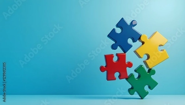 Fototapeta Floating Colorful Puzzle Pieces on Blue Gradient Background for Autism Awareness Day