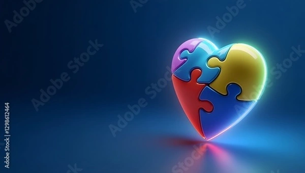 Obraz Glowing Puzzle Heart on Deep Blue Background for Autism Awareness Day