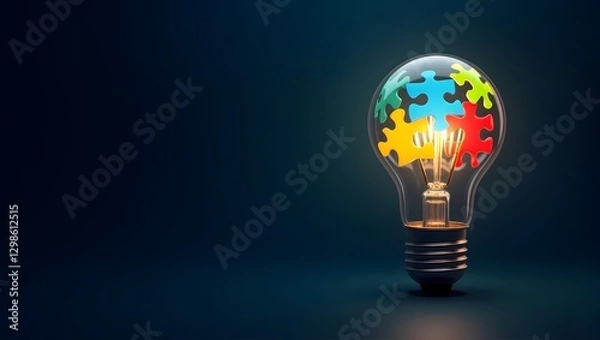 Obraz Glowing Puzzle Lightbulb on Dark Background for Autism Awareness Day