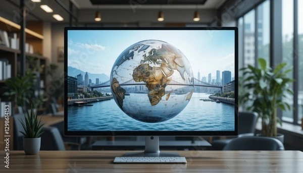 Fototapeta Side view professional screen mockup with globe and bridges