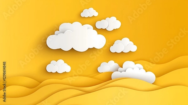 Fototapeta Vector paper clouds.White Cloud on baby yellow sky paper cut design. Vector paper art illustration. Paper cut style. Place for text.