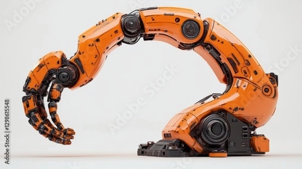 Fototapeta A multi-armed industrial robot in vibrant orange, set on a neutral white background 