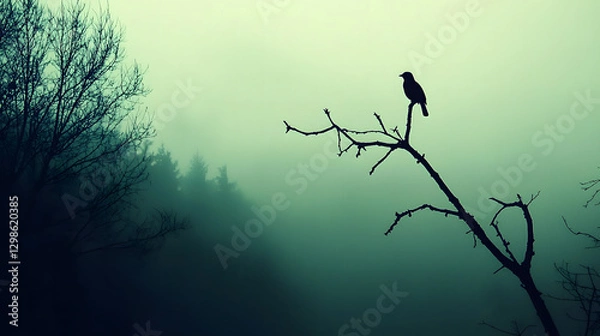 Obraz Solitary Watcher: A lone bird perches on a bare branch, silhouetted against a misty, eerie forest landscape. The scene evokes a sense of mystery and quiet contemplation.