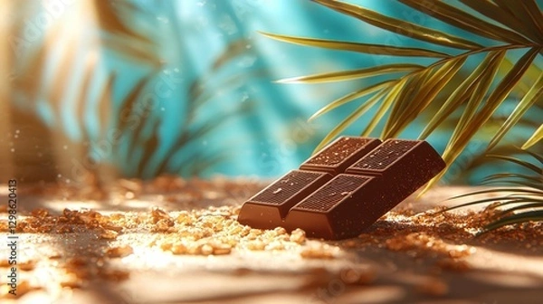Obraz Tropical beach, chocolate bar, sunlight, cocoa, advertisement