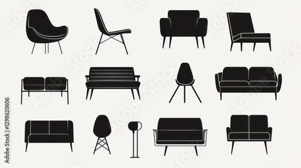 Fototapeta Collection of Mid-Century Modern Furniture Silhouettes