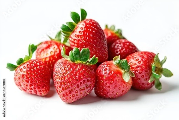 Fototapeta A bunch of strawberries on a white background, front view, with soft lighting and a macro lens.