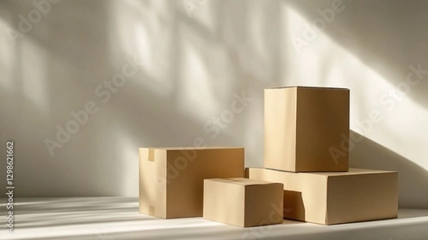 Fototapeta cardboard boxes in a room with sunlight