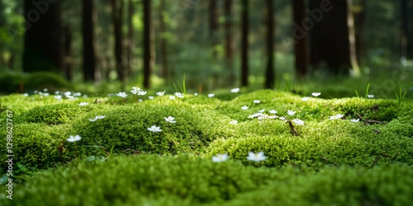 Fototapeta Forest floor covered in moss and small white flowers, illuminated by dappled sunlight.