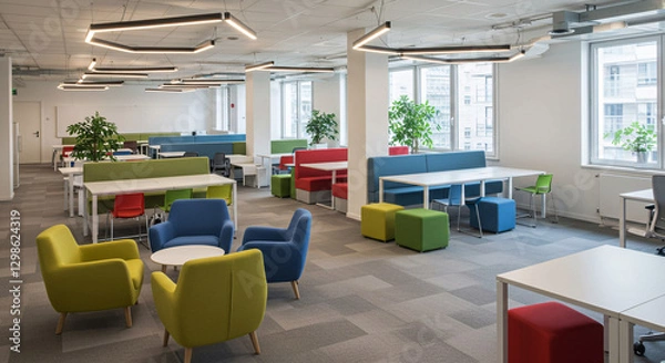 Obraz A modern office interior featuring a collaborative workspace with open seating, bright accents, and sleek design elements