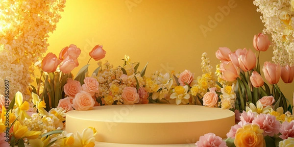 Fototapeta Floral Display: A soft yellow podium amidst pink tulips and roses on yellow background