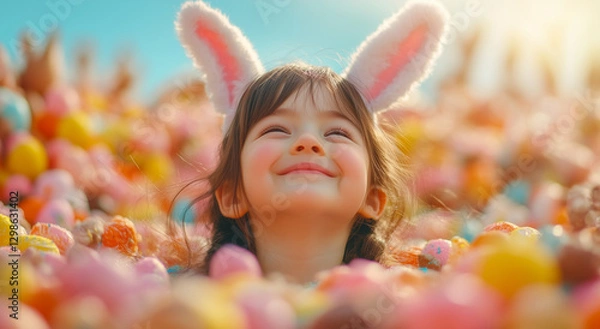 Obraz Happy smiling children with bunny ears celebrating easter day on colorful and captivating background with chocolates, bunnies and sweets