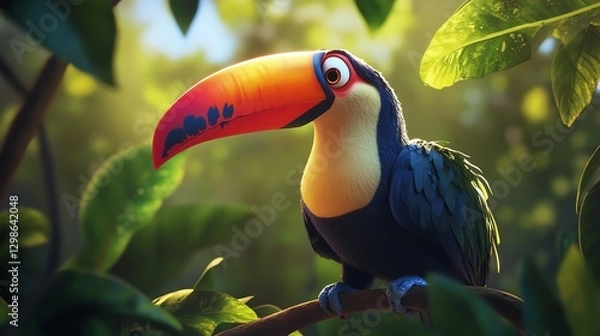 Fototapeta A colorful toucan perched among lush green foliage, showcasing its vibrant beak and playful expression in a serene jungle setting.