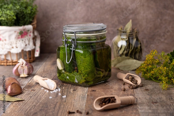 Fototapeta Half-sour dill pickle (quick pickled cucumbers) in a jar with seasonings, spices and herbs. Homemade seasonal preparations. Traditional canning of vegetables. Selective focus, close-up.