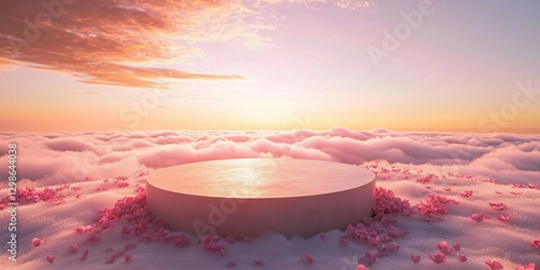 Fototapeta Round pink platform amidst clouds and flower petals at sunset.