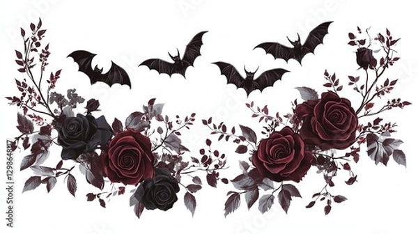 Fototapeta A gothic floral arrangement featuring dark roses and bats, creating a hauntingly beautiful design perfect for Halloween or spooky themes.