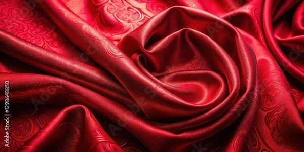 Fototapeta Richly textured vibrant red silk fabric with a subtle sheen, showcasing intricate patterns and design elements, bold, jewel-toned