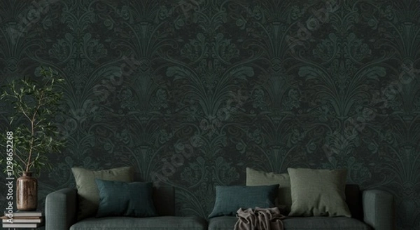 Fototapeta Elegant Living Room: A stylish living room featuring a dark green patterned wallpaper, a comfortable sofa with accent pillows, and a decorative plant, creating a sophisticated and inviting atmosphere.