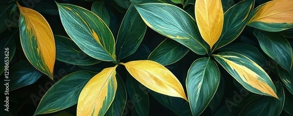 Fototapeta A vibrant arrangement of green and yellow leaves in natural patterns.