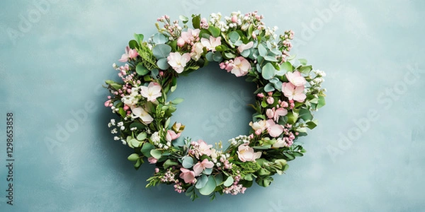 Fototapeta Floral wreath on blue background: Elegant arrangement of pink and white blossoms with greenery.