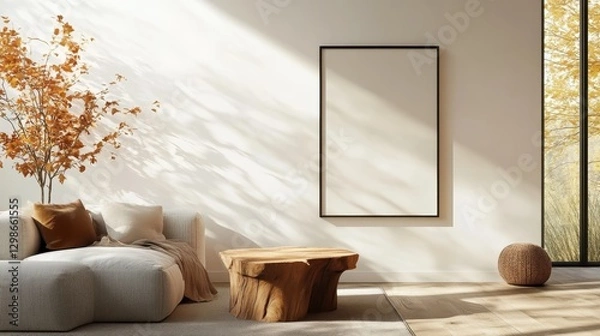 Fototapeta A modern living room featuring a neutral palette adorned with natural elements, creating a serene atmosphere that enhances relaxation and a connection to the outdoors.