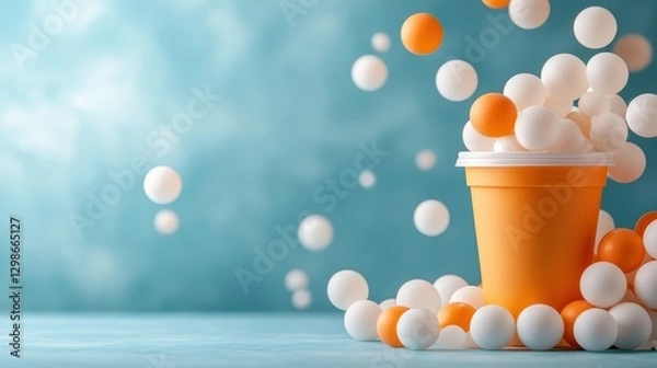 Fototapeta An overflowing orange cup spills white and orange balls, creating a dynamic scene full of energy, symbolizing playfulness and creativity within a vibrant environment.