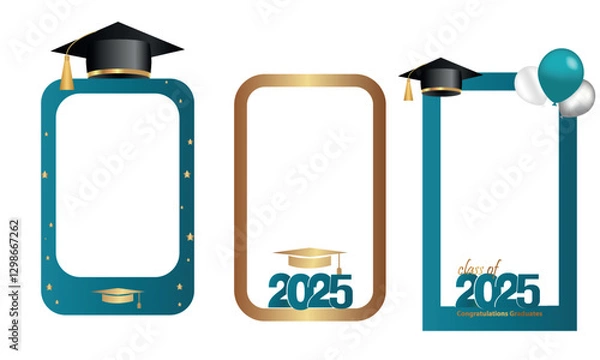 Fototapeta Congratulations on your graduation from school. Class of 2025. Graduation cap, confetti and balloons. Congratulatory banner. Academy of Education School of Learning	