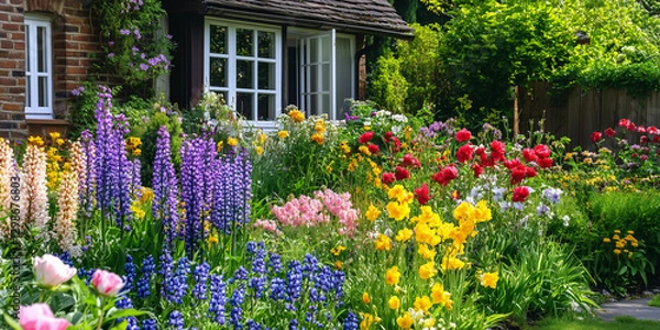 Fototapeta Colorful garden with blooming flowers in front of a brick house.