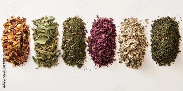 Fototapeta Various dried herbs and flowers arranged on a neutral background showcasing vibrant colors and natural textures