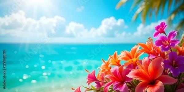 Obraz tropical flowers in summer colorful vibrant beach sunlight blue sky horizontal blurred background