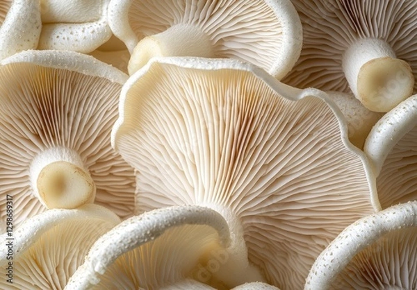 Fototapeta Close-Up View of Fresh White Oyster Mushrooms with Delicate Folds and Textures Captured Against Soft Natural Lighting for Culinary Inspiration