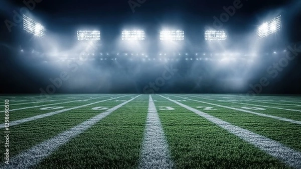Fototapeta Wide view of American football field with bright stadium lights shining through mist.